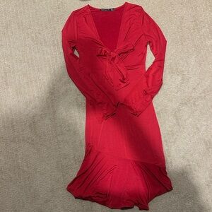 Boohoo Vibrant Red V-Neck Dress with Bow